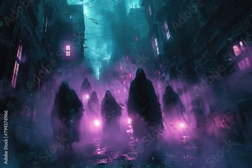 Jiangshi Spirits Haunting Abandoned City Alleyway at Night