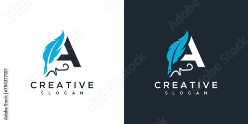 Feather signature pen logo and initial letter A. Feather signature logo design inspiration