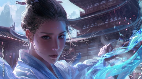 A female Taoist with a background of an ancient Taoist temple photo