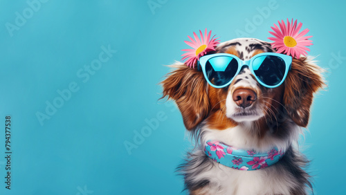 A photo of a dog in sunglasses and a flower crown. © Thanaphon