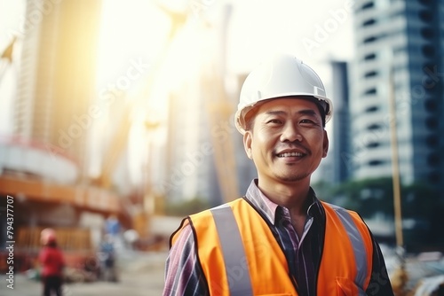 Portrait of a smiling construction worker wearing a hard hat and safety vest