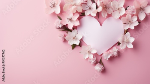Heart shaped paper floral arrangements with empty space, soft gradient background symbolizing love and artful expression. Concept: Valentine's Day holiday.