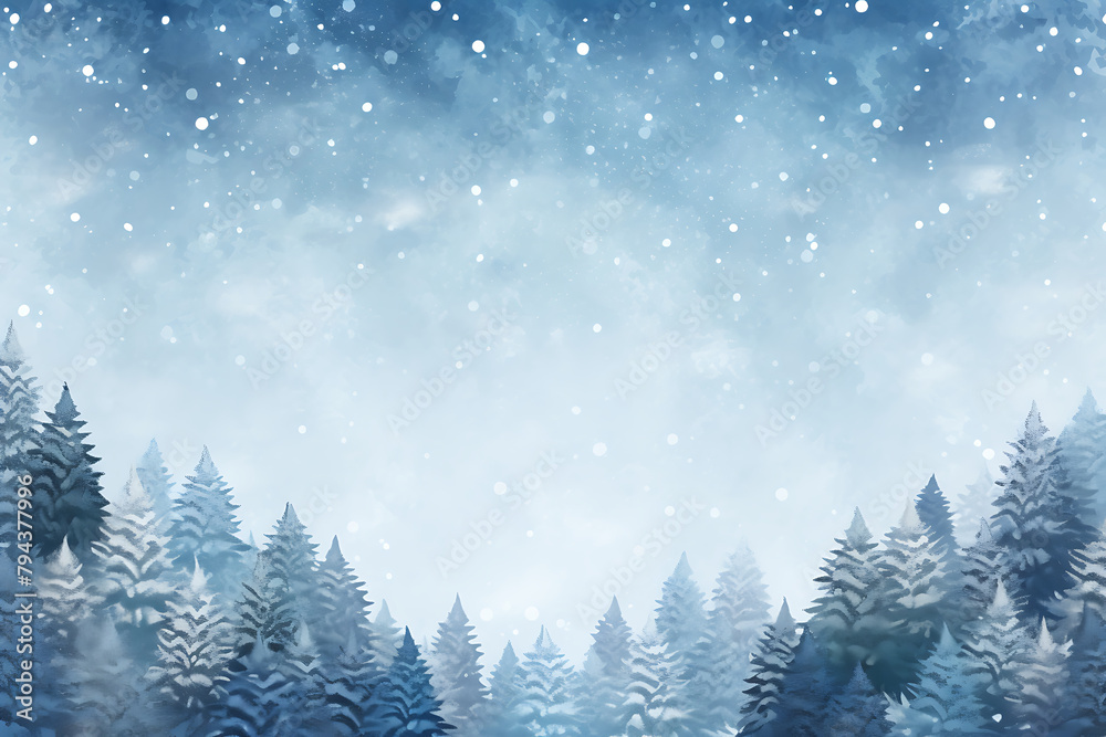 Wintry scene with snow-covered evergreens under a soft, snowfall-filled sky, conveying a serene, frosty atmosphere. Generative AI
