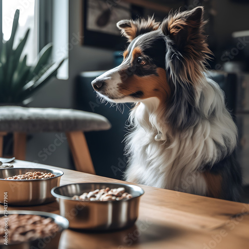 Elegant australian shepherd dog with his dog food