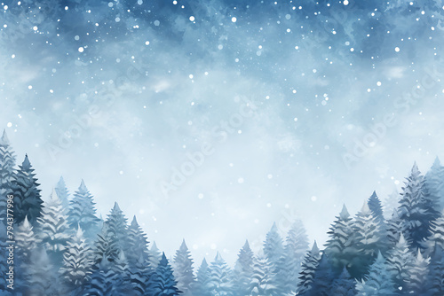 Wintry scene with snow-covered evergreens under a soft, snowfall-filled sky, conveying a serene, frosty atmosphere. Generative AI