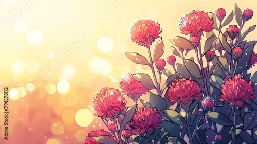  A tight shot of numerous flowers against a softly blurred backdrop, illuminated by glowing orbs in the distance