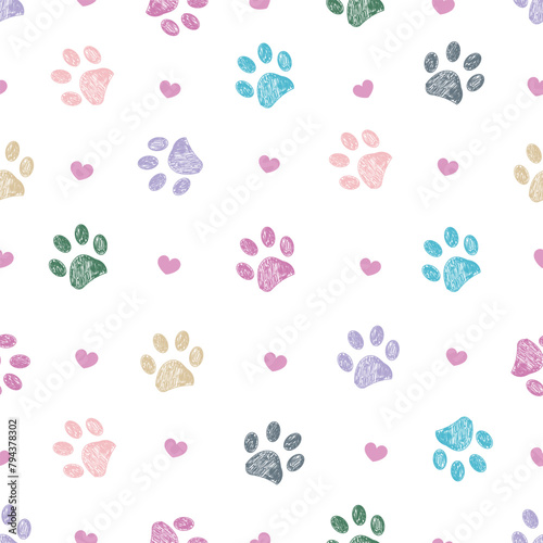 Pastel paw and hearts. Seamless fabric design pet lover pattern