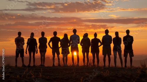 The portrait captures a group of pioneers of change their silhouettes standing proudly against a sunset sky. With their backs to the camera they are depicted as fearless trailblazers . photo