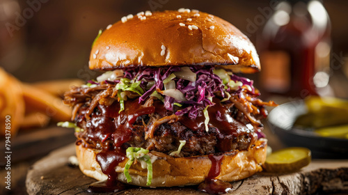 BBQ pulled pork burger with tender pulled pork, coleslaw, pickles, and BBQ sauce, Rustic background.