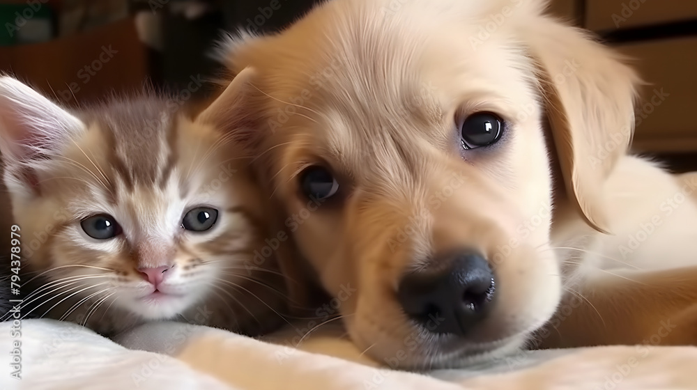 golden retriever puppy with baby cat