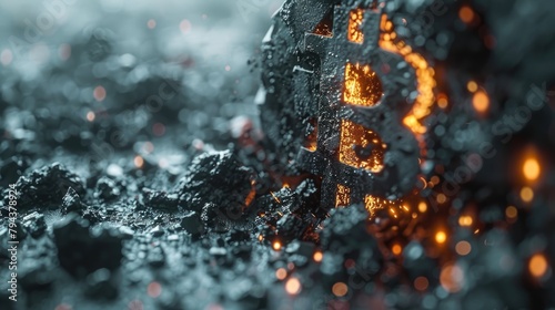 Shattered Bitcoin Symbol:Dystopian Crypto Collapse in Surreal Fragments photo