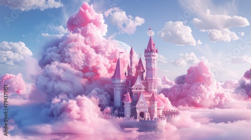 A whimsical 3D rendering of a fairy tale castle, surrounded by fluffy, cotton candy-like clouds