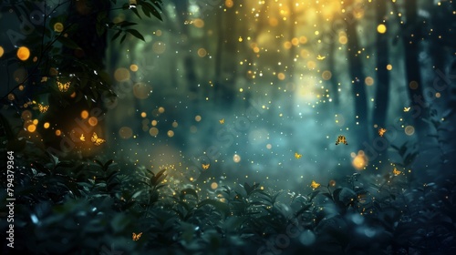 An enchanting scene of fireflies glimmering in a dark forest
