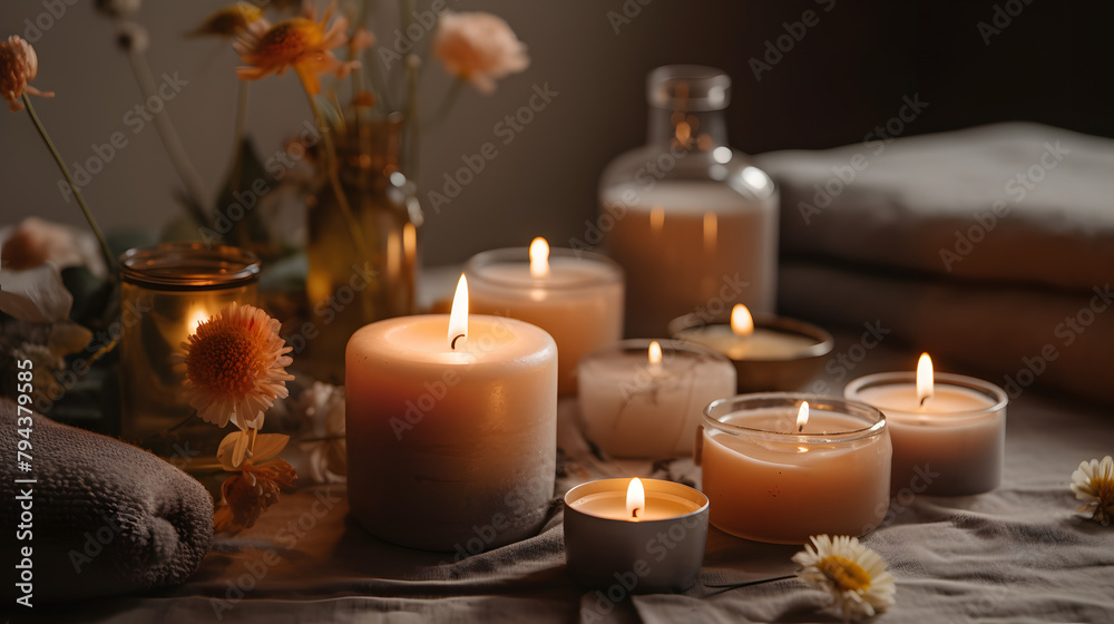 candles on a table with flowers 