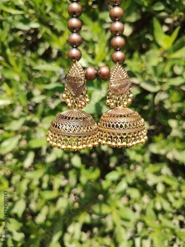 Metal Gold Antique Jhumkay Earrings, Indian Pakistani Antique Jewellery Rounded Metallic Gold Jhumkiyan For Ears, Ear Studs, Ethnic Eastern Chand Bali Oranament Traditional Ear jewellery accessories photo