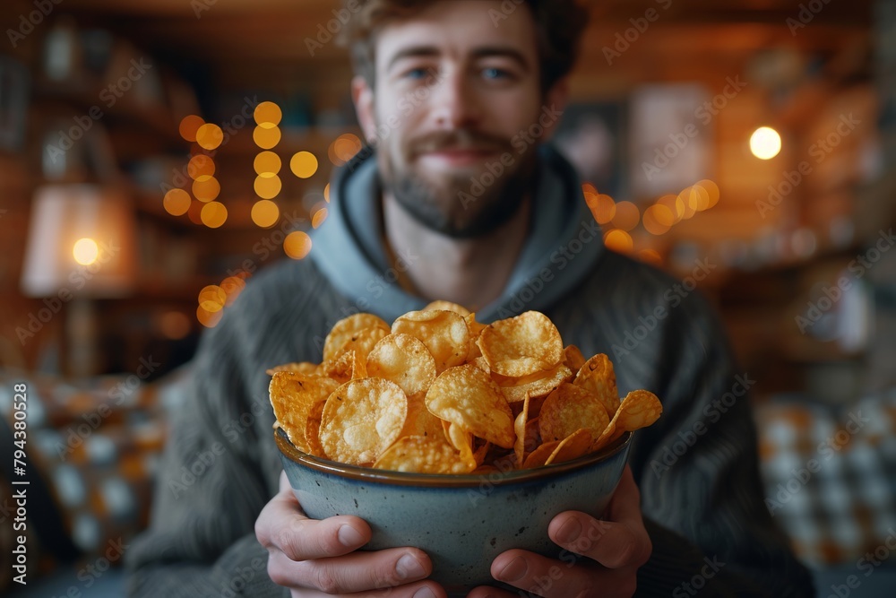Man holding bowl of potato chips, satisfying food craving with fried staple food