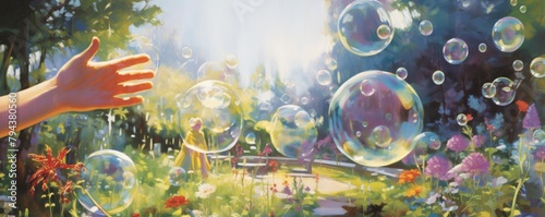 Playful scene of a childs hands creating giant, colorful bubbles in a garden, symbolizing innocence and harmony