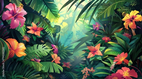 A vibrant vector illustration of a fantastical forest filled with an array of colorful flowers and lush tropical foliage  creating an enchanting jungle scene.  