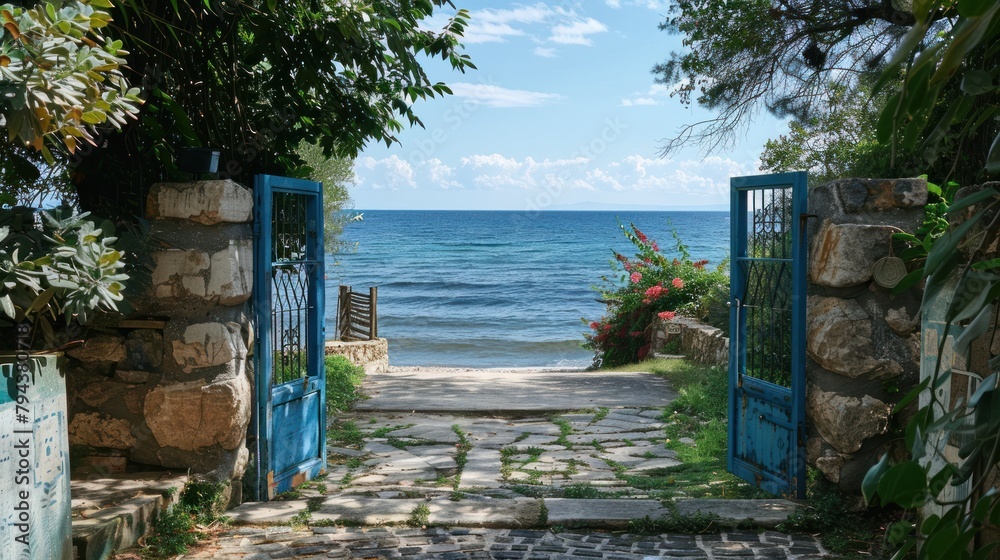 Fototapeta premium A picturesque scene of a gate opening to a stunning sea view, paired with a serene beach living setup