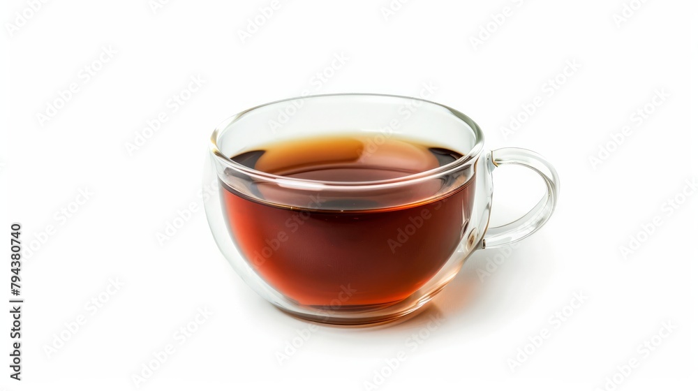 A clear glass cup filled with black tea, presented on a pure white background, highlighting the rich amber color of the tea.
A clear glass cup filled with black tea, presented on a pure white background, highlighting the rich amber color of the tea.