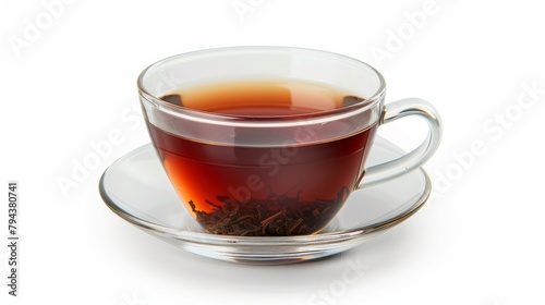 A clear glass cup filled with black tea, presented on a pure white background, highlighting the rich amber color of the tea.


