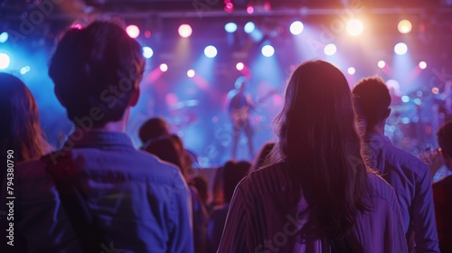 A group of concertgoers standing on tiptoes trying to catch a glimpse of the musician on stage as they face away from the camera. . . photo