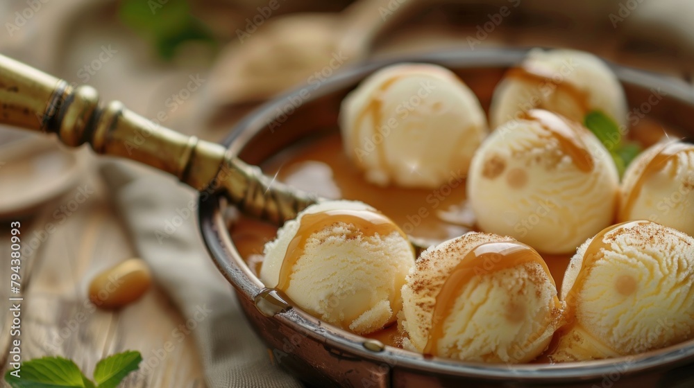 An appetizing arrangement of ice cream balls nestled in a copper saucepan, drizzled with caramel An appetizing arrangement of ice cream balls nestled in a copper saucepan, drizzled with caramel