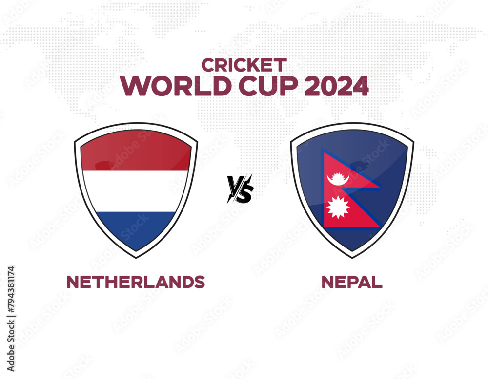 Netherlands vs Nepal International Cricket Match. Rival flags of both teams with badge shields. Names of both countries. World Map on Background. Editable EPS file. Netherlands vs Nepal International Cricket Match. Rival flags of both teams with badge shields. Names of both countries. World Map on Background. Editable EPS file.