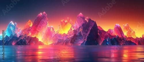 Vibrant Geometric Landscape with Luminous Prismatic Formations in a Panoramic Digital