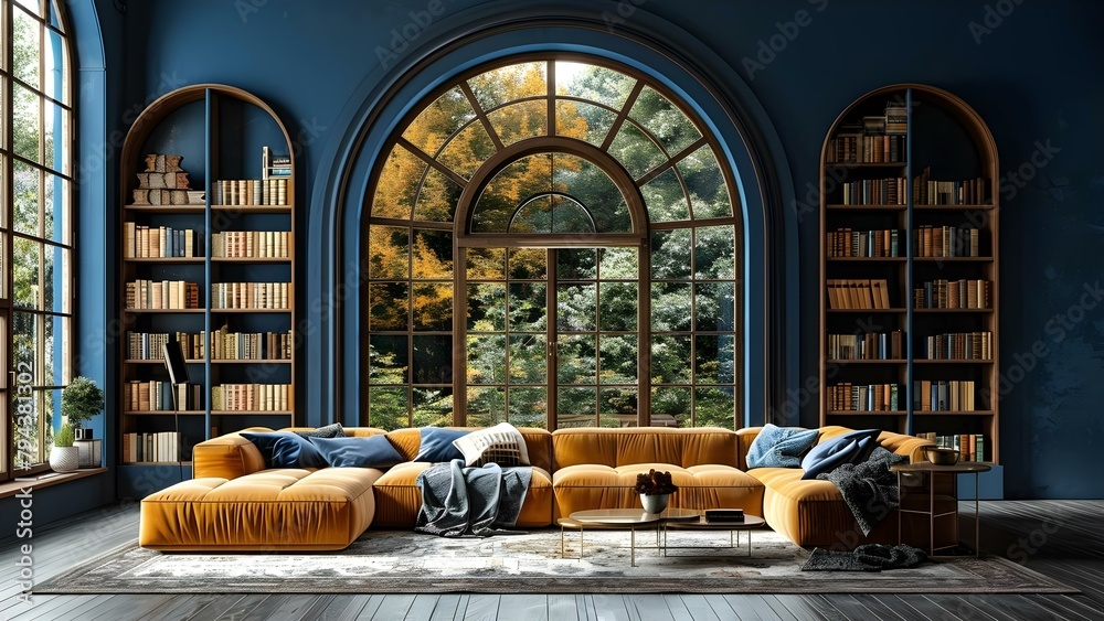 Fototapeta premium Classic blue library den with formal living room big window natural light. Concept Library Decor, Den Design, Living Room Layout, Natural Lighting, Classic Style