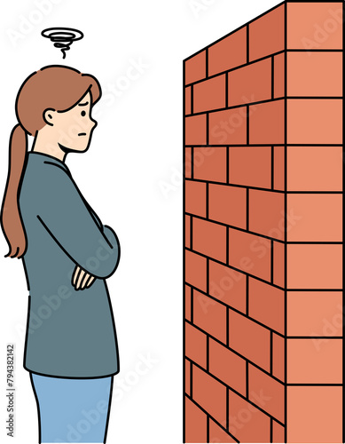 Woman stands near brick barrier, as concept of insurmountable obstacle when trying to solve problems. Obstacle on path of person moving forward and wanting to achieve goals or accomplish plans