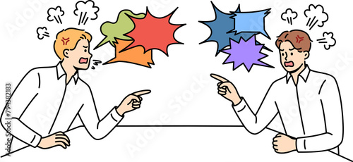Foto Quarrel two business men sitting at table and uttering accusations and insults against competitor