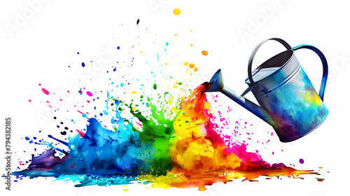 A watering can is pouring water onto a colorful splash of paint. Concept of creativity, artistic expression. art on a white background of an old watering can tipped and sprinkling multicolor water