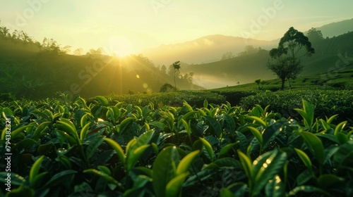 A serene view of lush tea plantations bathed in the soft morning light