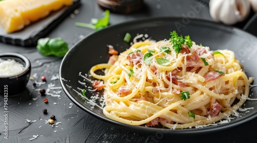 Italian Style Carbonara Pasta with Pancetta and Cheese on Black Table