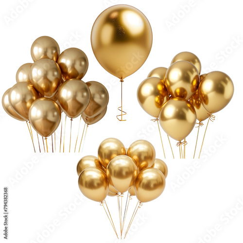 Gold Balloons Set Isolated On Transparent Background. PNG