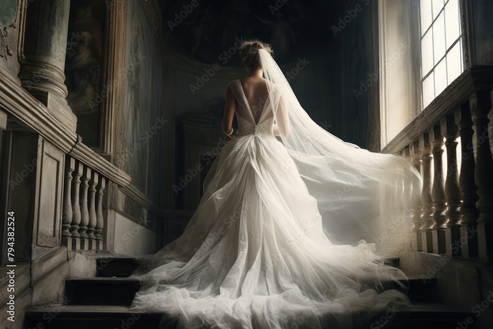 Glamorous wedding elegance - a bride in a voluminous dress poses on the palace stairs, bathed in natural light, rear view. Glamorous wedding elegance - a bride in a voluminous dress poses on the palace stairs, bathed in natural light, rear view.