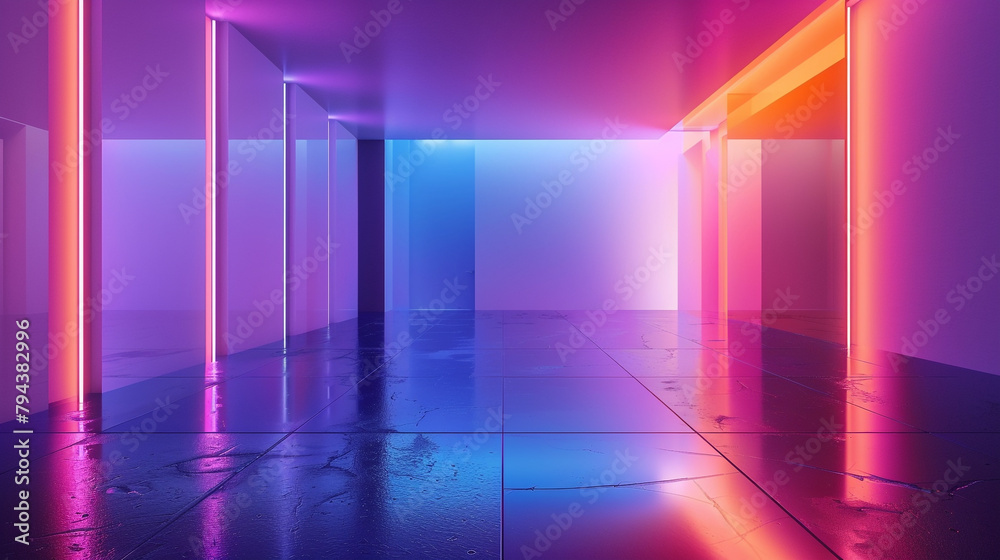 The soft glow of colorful LED lights reflecting off polished surfaces in a minimalist, sleek room at night.