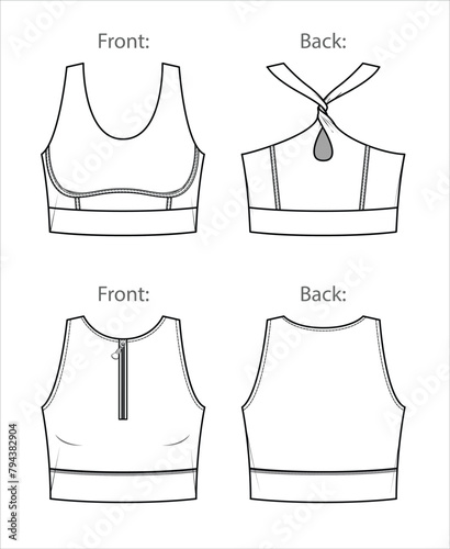 Vector 2 pieces sport bra fashion CAD, woman lounge or yoga crop top technical drawing, fitness 2 pieces set fashion flat with zipper detail, sketch, template, front and back view in white color