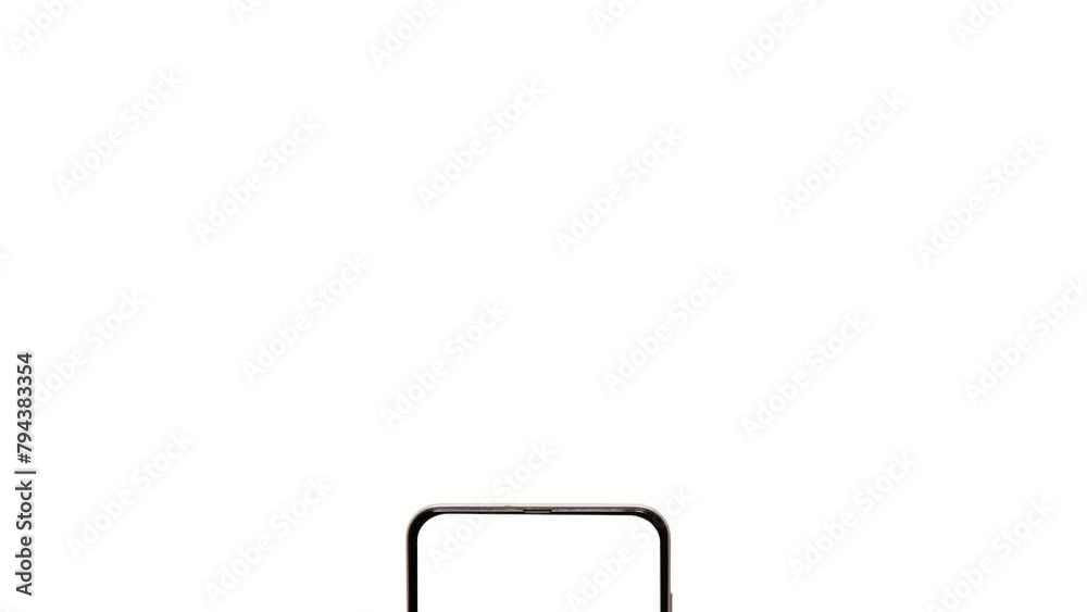 A phone with a white screen slides out from below three times in a row and disappears on a white background A phone with a white screen slides out from below three times in a row and disappears on a white background