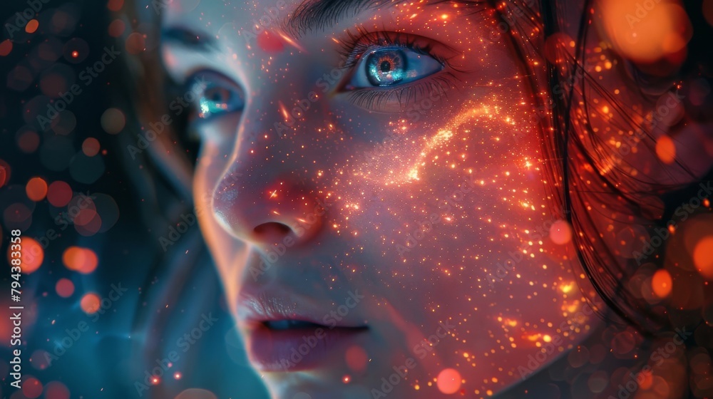 A digital avatar interacting with others in a virtual social space each representing a different universe. A digital avatar interacting with others in a virtual social space each representing a different universe.
