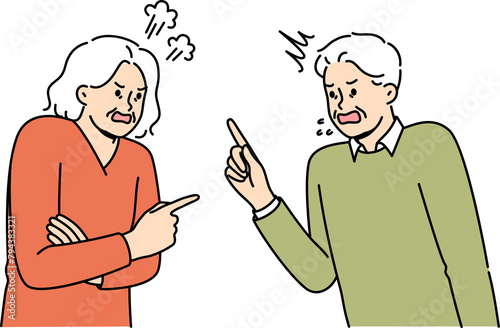 Quarrel elderly man and woman expressing mutual complaints or insults accumulated over years of marriage. Quarrel old people due to political differences and oppositional views on government actions photo