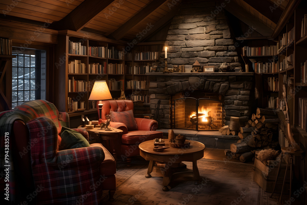  cozy cabin with stone walls and a fireplace