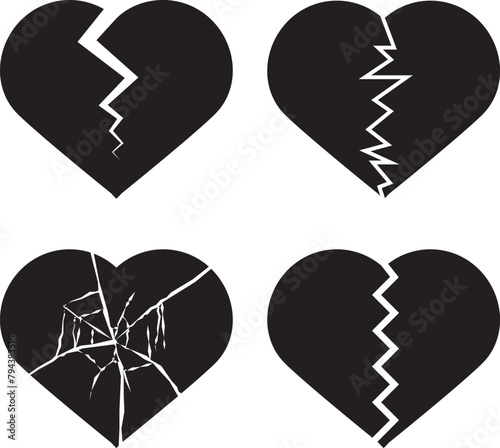 Broken heart, Cracked heart, black solid shape silhouettes.