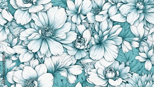 Seamless Pattern of Hand-Drawn Outline Aqua Peony Flowers on White Background.