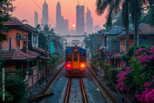 A train passing through a small town in India photo