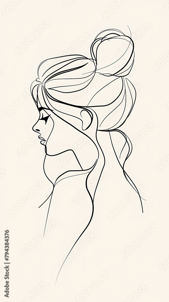 Naklejka premium Simplified Female Profile Line Art Stylized Woman's Silhouette in Black and White Minimalist Woman's Face Contour Drawing Elegant Female Portrait in Line Illustration