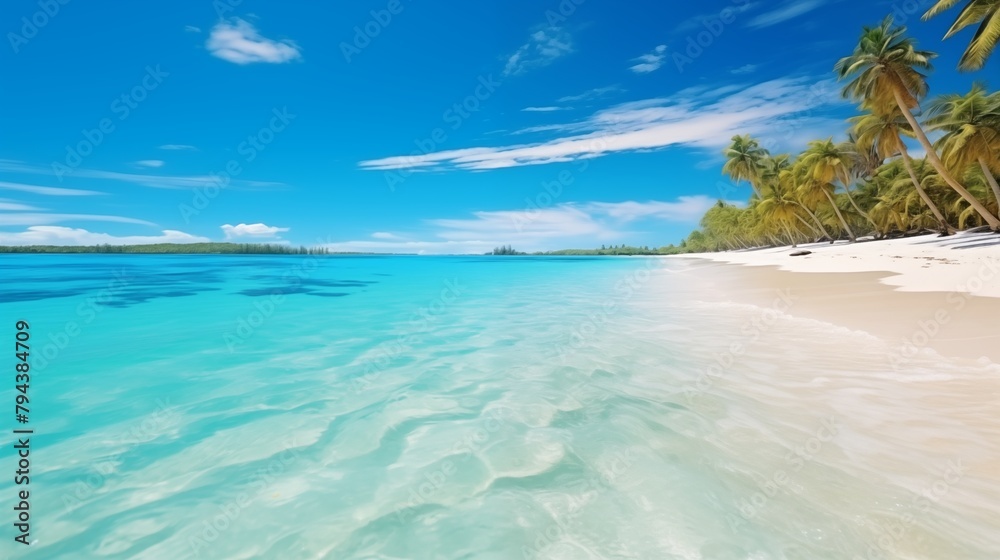 Fototapeta premium Tropical paradise beach with white sand and crystal clear blue water. Beautiful natural summer vacation holidays background. Travel tourism wide panorama background concept.