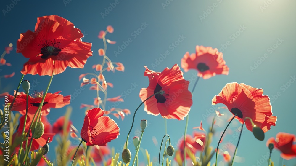 Obraz premium Delicate Red Poppies Clear Blue Sky Contrast
