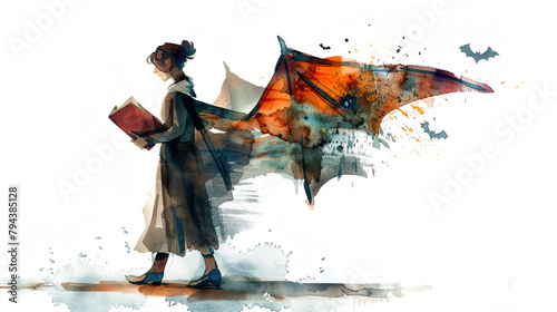 Woman walking while reading a book with wings on white background in watercolor style.